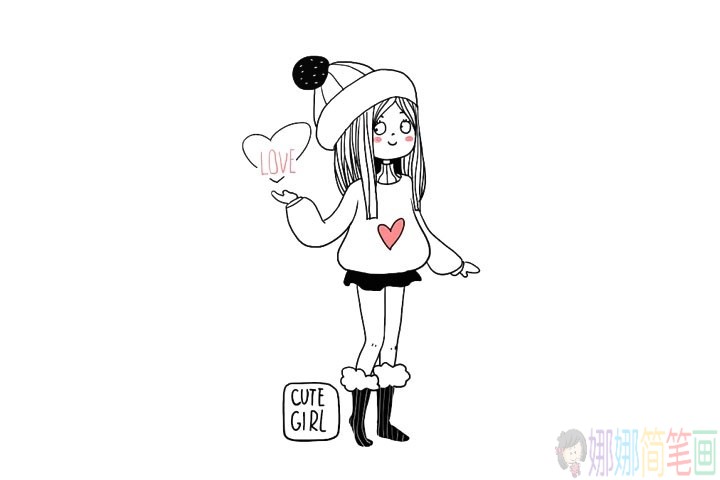 冬季时尚可爱的女孩简笔画图片