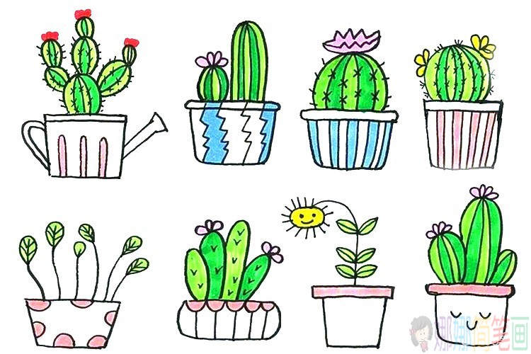 一组简单漂亮的盆栽植物简笔画图片