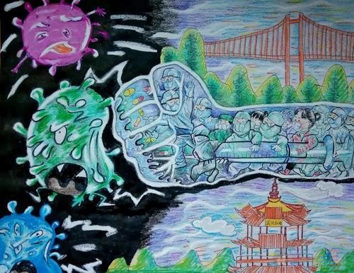 齐心协力共同抗击病毒疫情儿童画