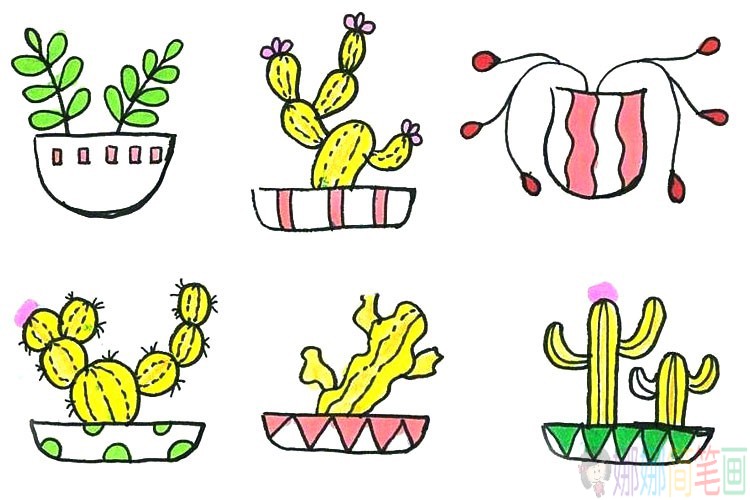一组简单漂亮的盆栽植物简笔画图片