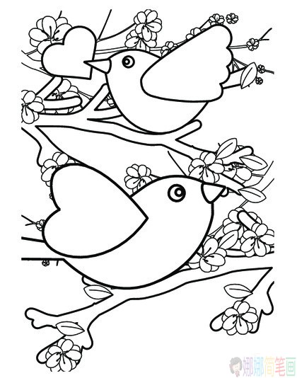 一组比翼双飞鸟儿简笔画