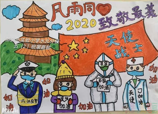关于风雨同心致敬最美天使抗疫战士儿童画图优秀作品鉴赏