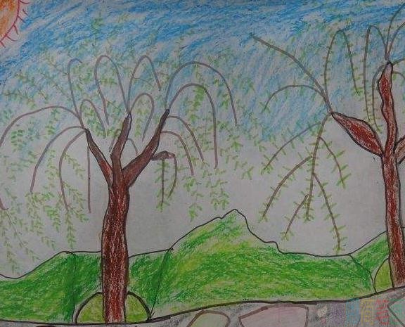春天的柳树儿童画作品鉴赏