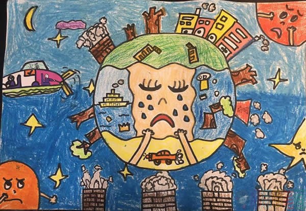 地球妈妈在哭泣,关于世界地球日儿童画作品图片