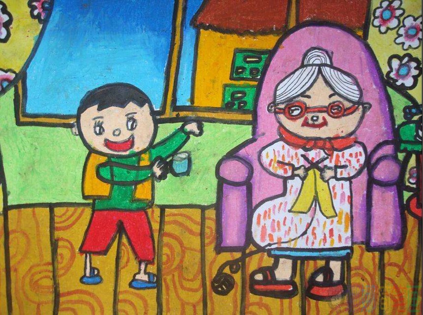 儿童画，好看简单的尊老爱幼儿童画作品鉴赏