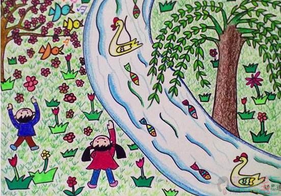 春天的柳树儿童画作品鉴赏