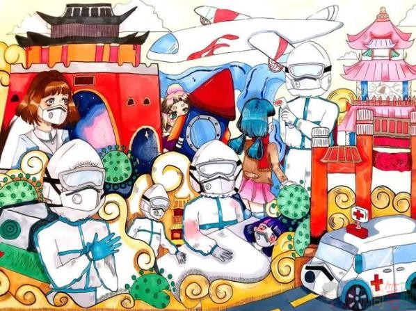 关于风雨同心致敬最美天使抗疫战士儿童画图优秀作品鉴赏