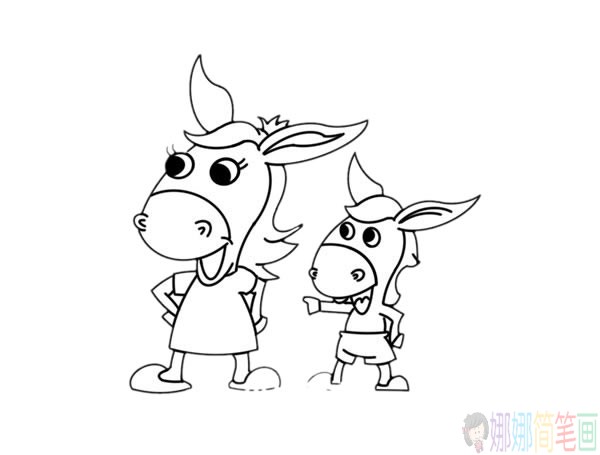 驴妈妈和小驴卡通简笔画彩色画法