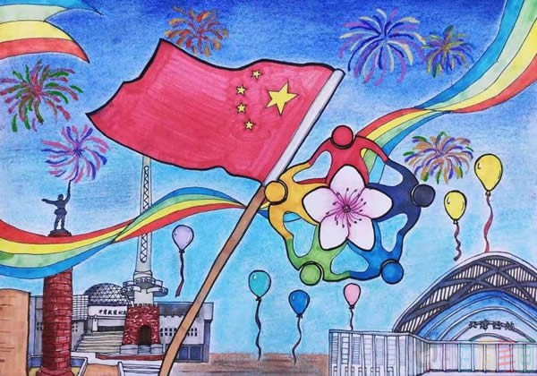 向国旗敬礼争做新时代好队员儿童画