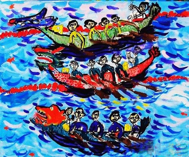 端午节划龙舟抢粽子儿童画