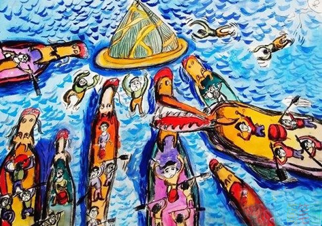 端午节划龙舟抢粽子儿童画