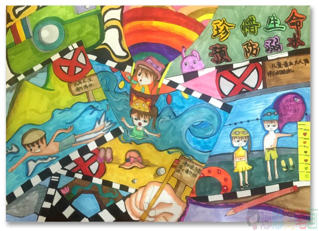 防止溺水儿童美术画图片