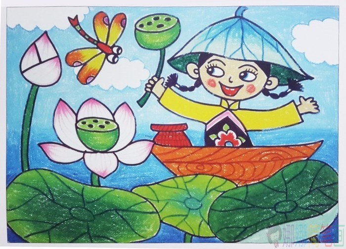 池塘儿童画图片大全