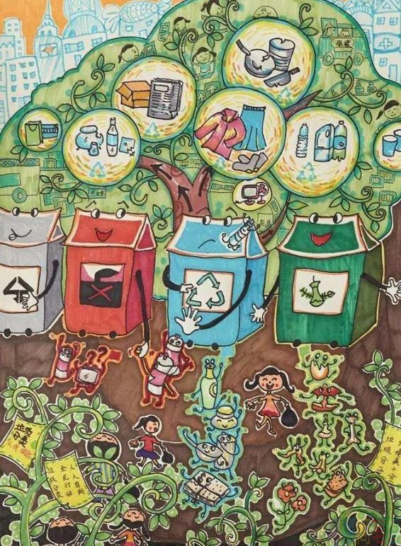 竖着画的垃圾分类儿童画图片
