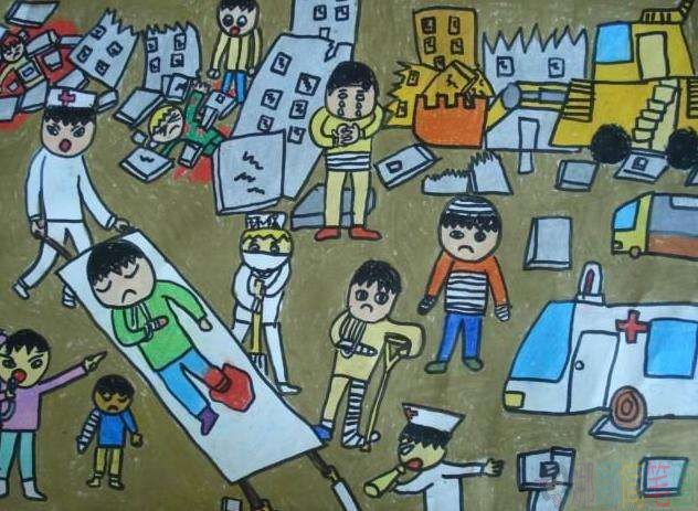 抗震救灾儿童画图片