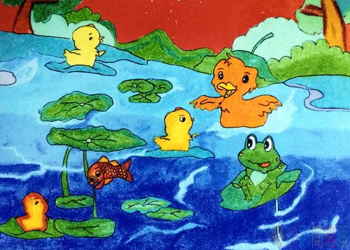 池塘儿童画图片大全