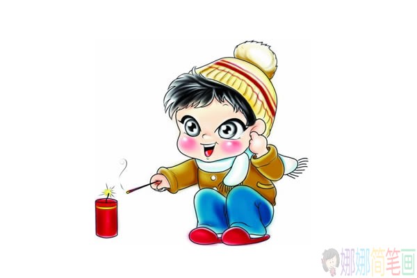 小朋友放鞭炮彩色简笔画