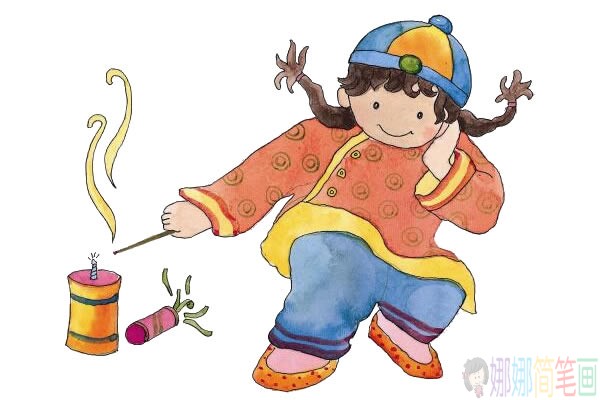 小朋友放鞭炮彩色简笔画