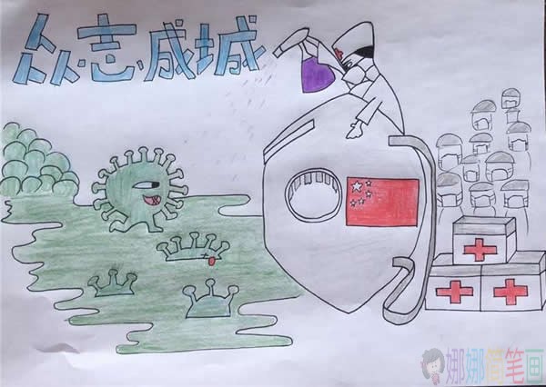 抗击病毒众志成城儿童画