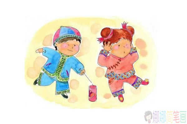 小朋友放鞭炮彩色简笔画