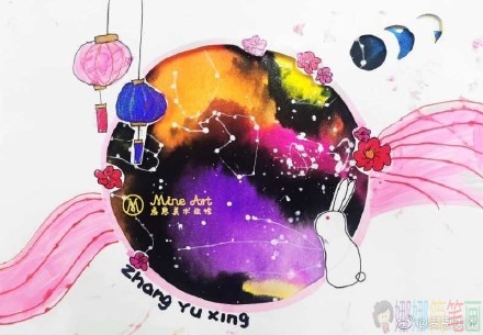 中秋节少儿水彩画作品图片