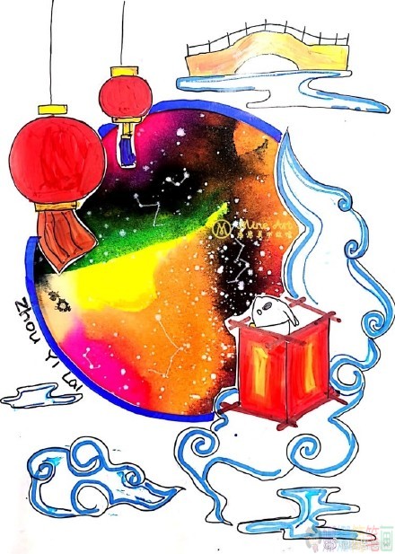 中秋节少儿水彩画作品图片