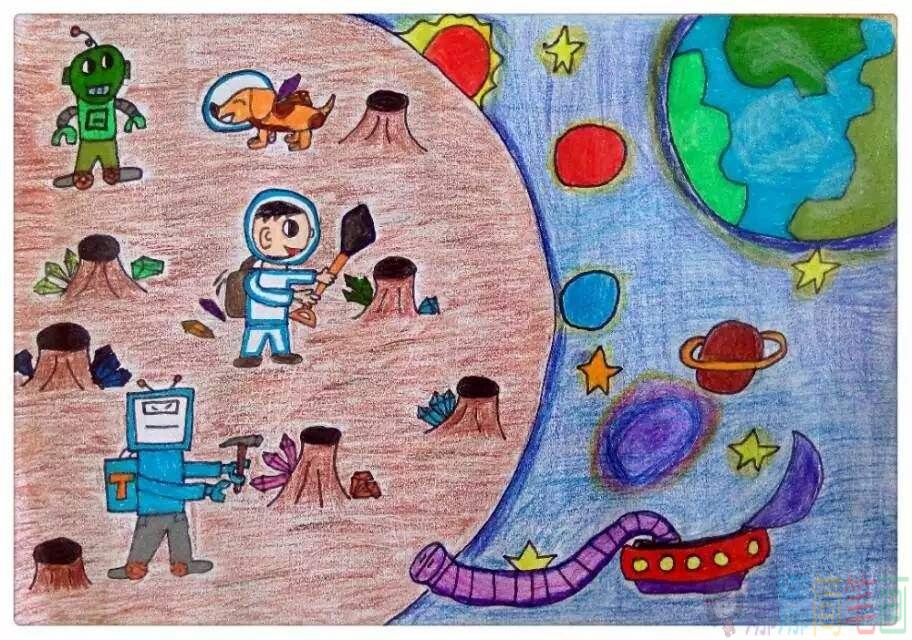 遨游太空儿童绘画作品