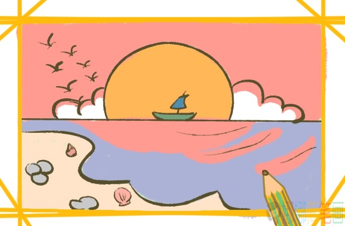日落简笔画画法,日落风景简笔画