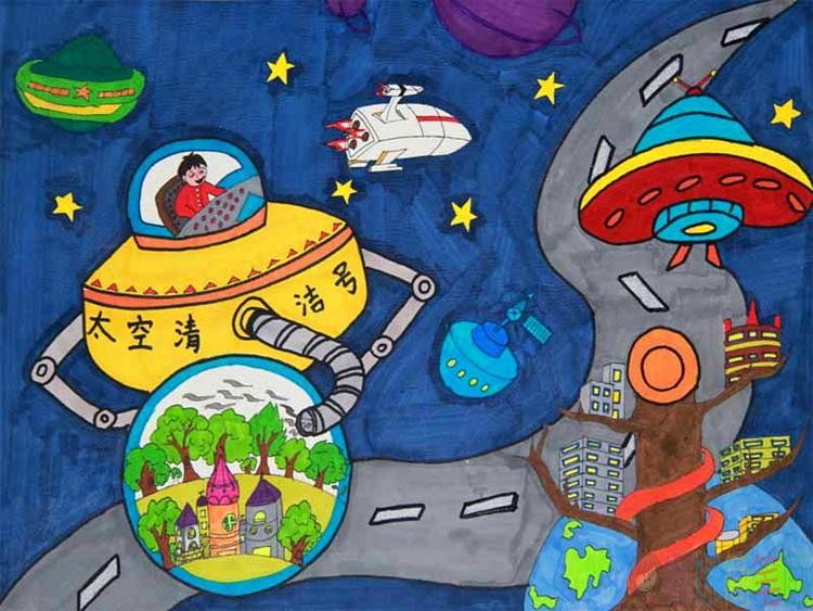 未来科学世界儿童画,科学少儿绘画
