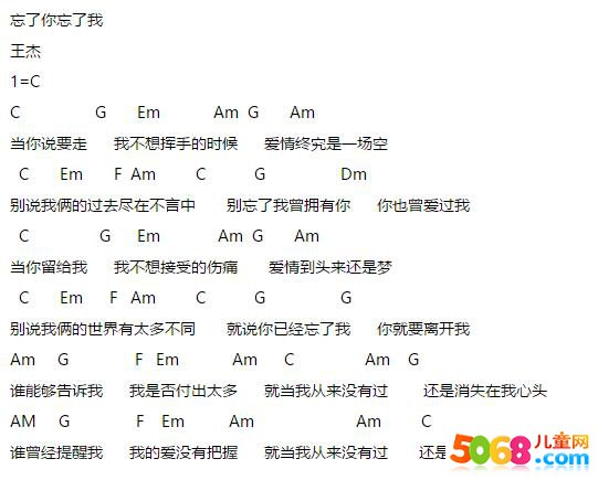 忘了你 忘了我 是王家卫处女作 旺角卡门 电影插曲 由王杰演唱 下面是小编为您收集整理的吉他谱 希望对您有所帮助 忘了你忘了我吉他谱忘了你忘了我歌词当 你说要走我不想挥手的时候爱情终究是一场空谁说我俩的过去尽在不言中别忘了我曾拥有你你也曾爱过我当你留给