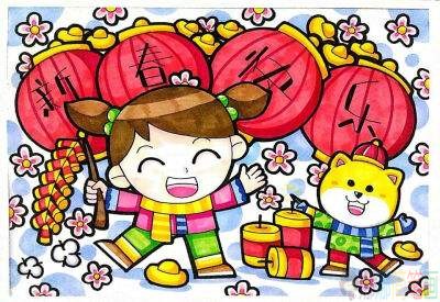 中小学生2021春节儿童画范画