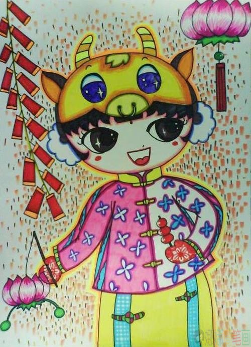 新年快乐儿童画,关于新年的少儿绘画