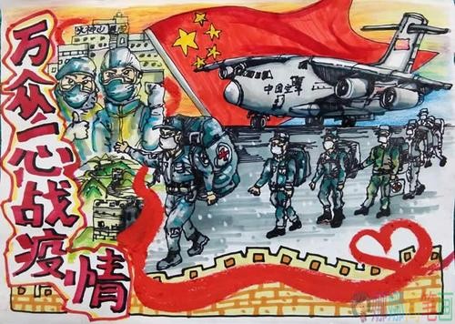 疫情胜利拥抱春天绘画作品