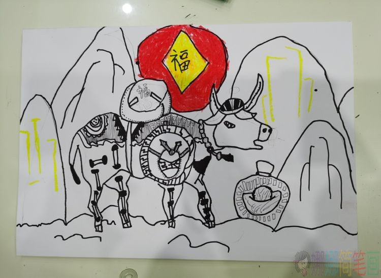 迎牛年新春儿童画,牛年大吉少儿绘画