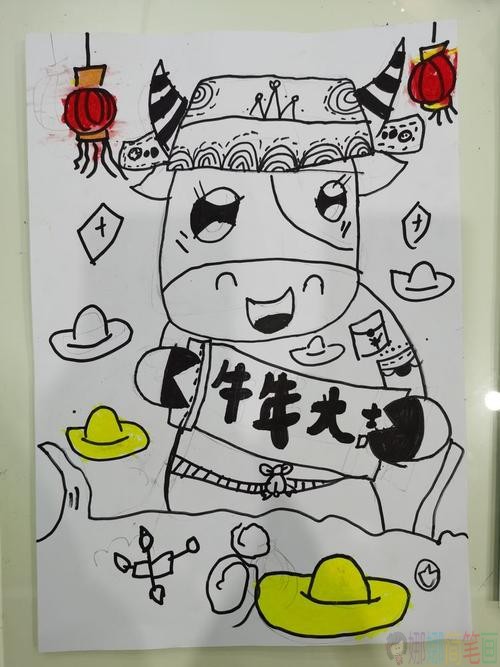 迎牛年新春儿童画,牛年大吉少儿绘画