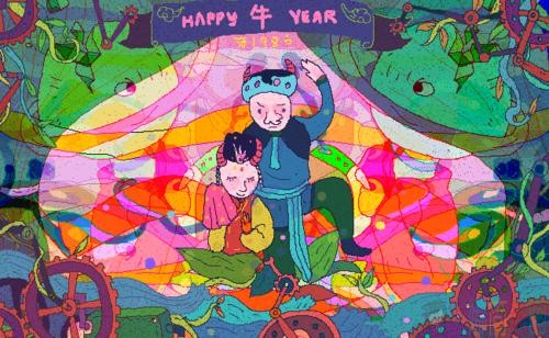 迎牛年新春儿童画